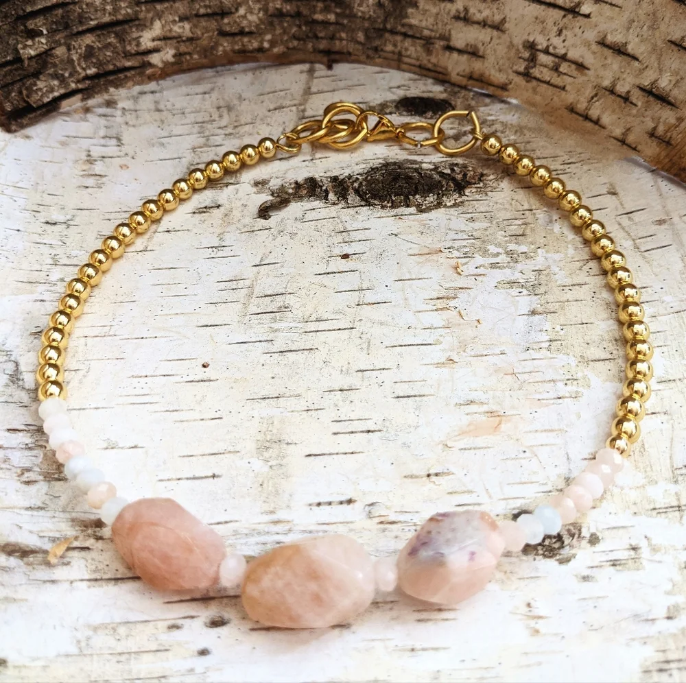 Natural Large Morganite Nugget & Beads With Gold Beads In Choker/Necklace